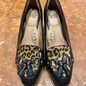 Sofft printed cowhair and black leather wedges